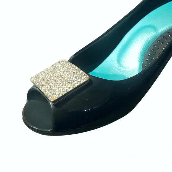 OKA b. Dark Blue Open Toe Rhinestone Pumps Size 9 - Picture 5 of 6